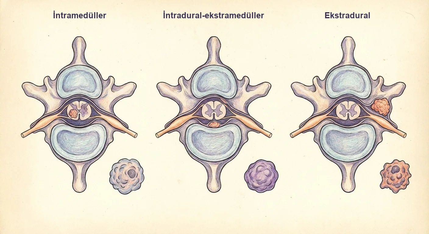 Omurilik tümörleri yerleşimine göre üçe ayrılır: omurilik içinde (intramedüller), zar içinde omurilik dışında (intradural-ekstramedüller) ve zarın dışında (ekstradural).