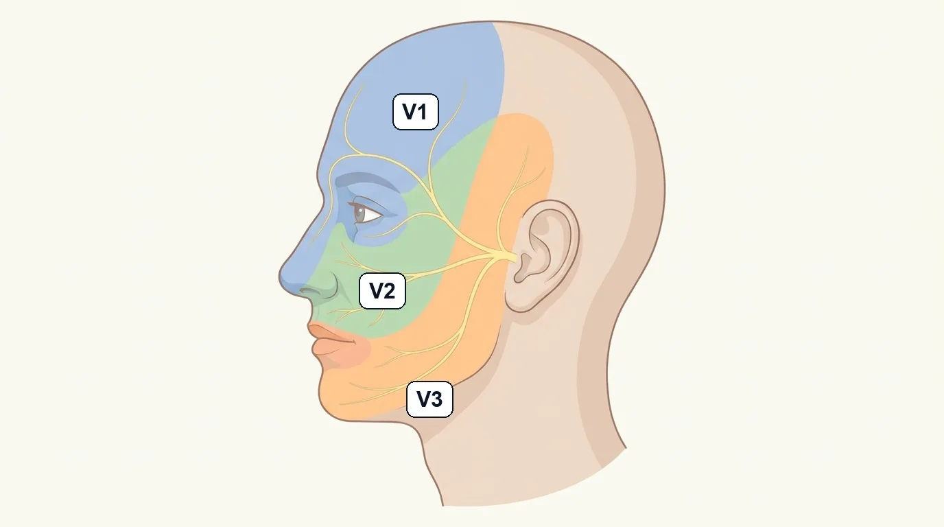 Trigeminal sinirin üç dalı yüzün farklı bölgelerinin duyusunu taşır: V1 alın, V2 yanak, V3 çene bölgesi.